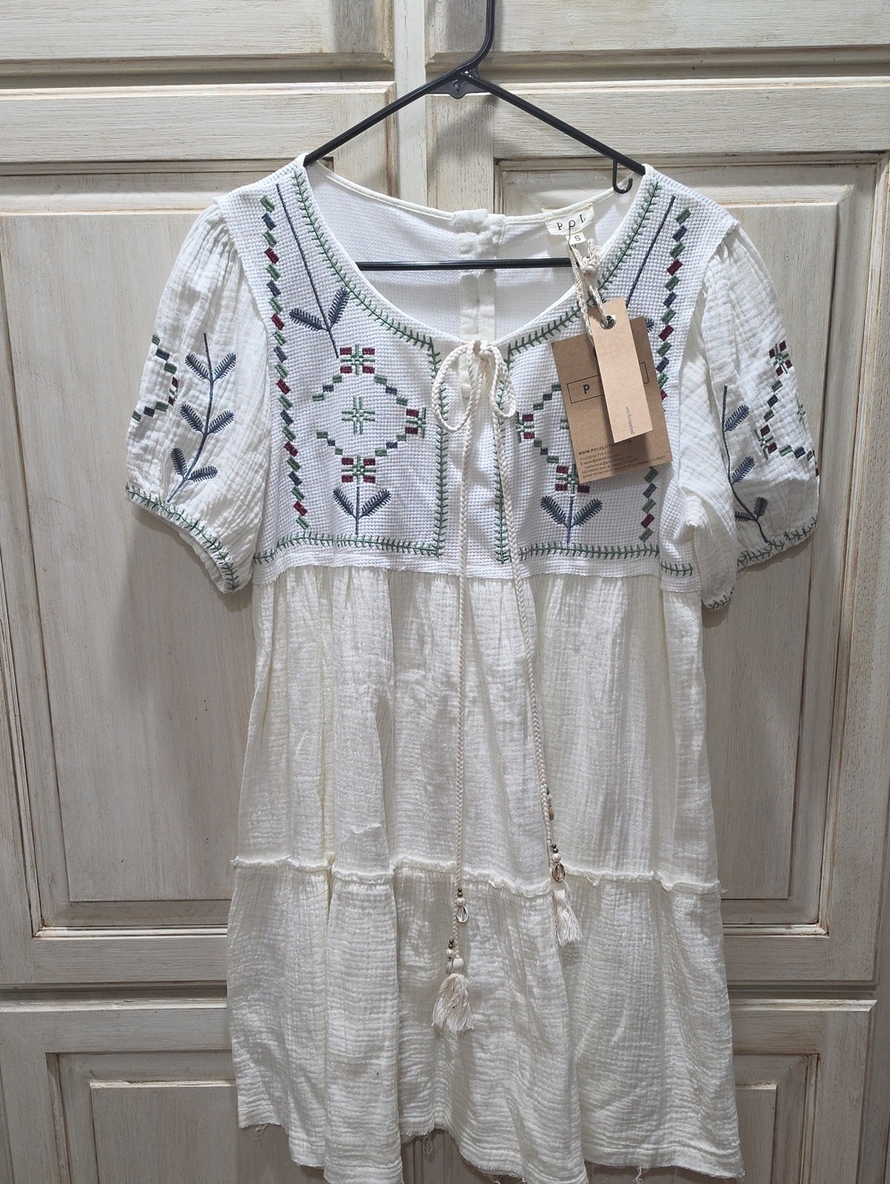 POL White Embroidered Peasant Dress with Green and Navy Accents